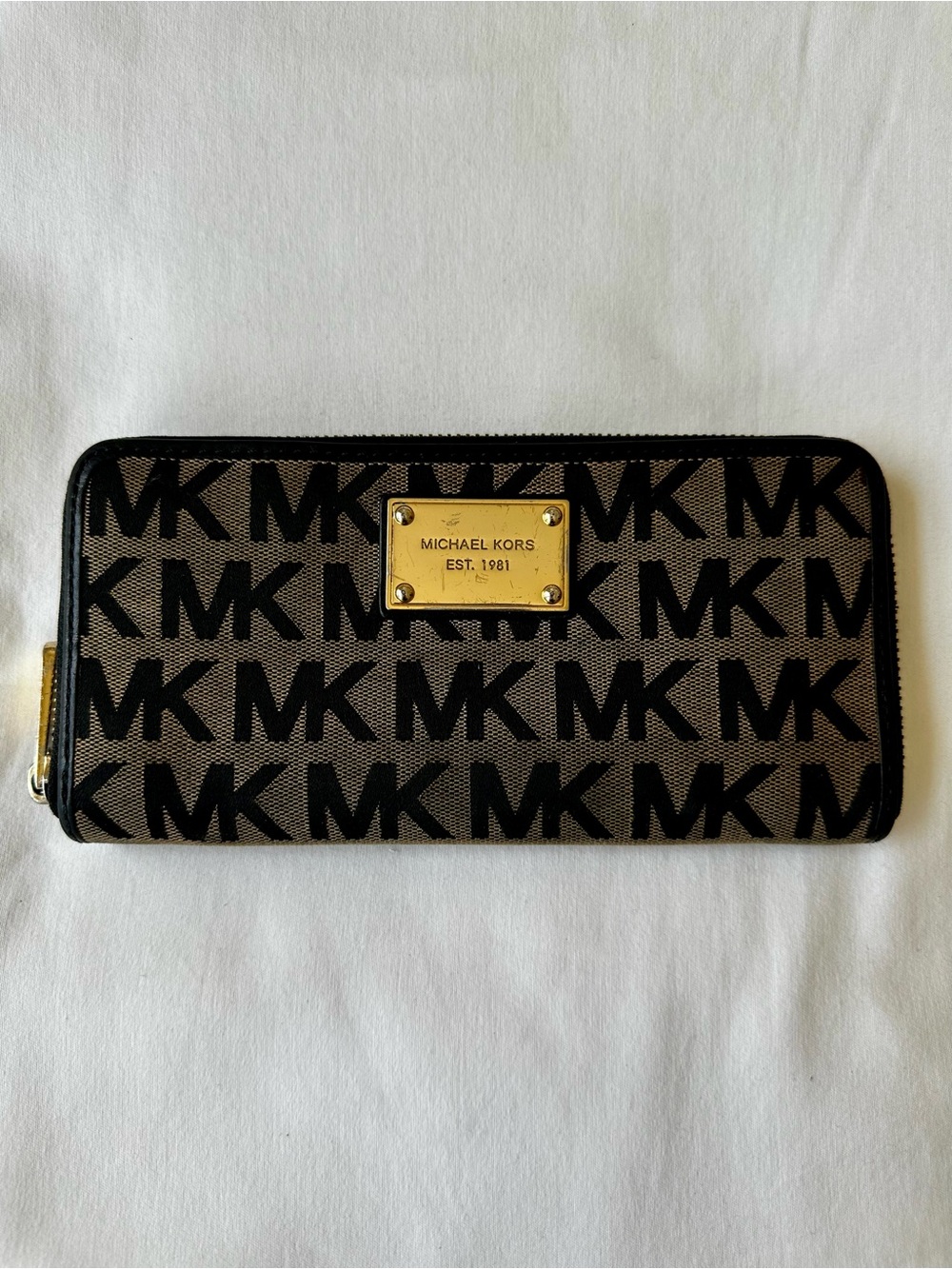 Michael Kors Black Brown MK Logo Zip Around Continental Wallet